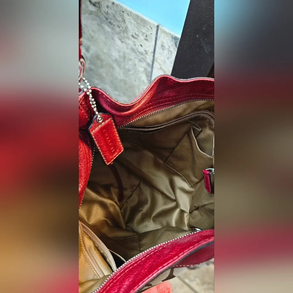 Coach Signature Canvas and Red Leather Tote - Picture 2 of 5